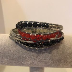Bindy USA Leather wrap bracelet/ necklace/ choker gray w/ red, gray, black beads